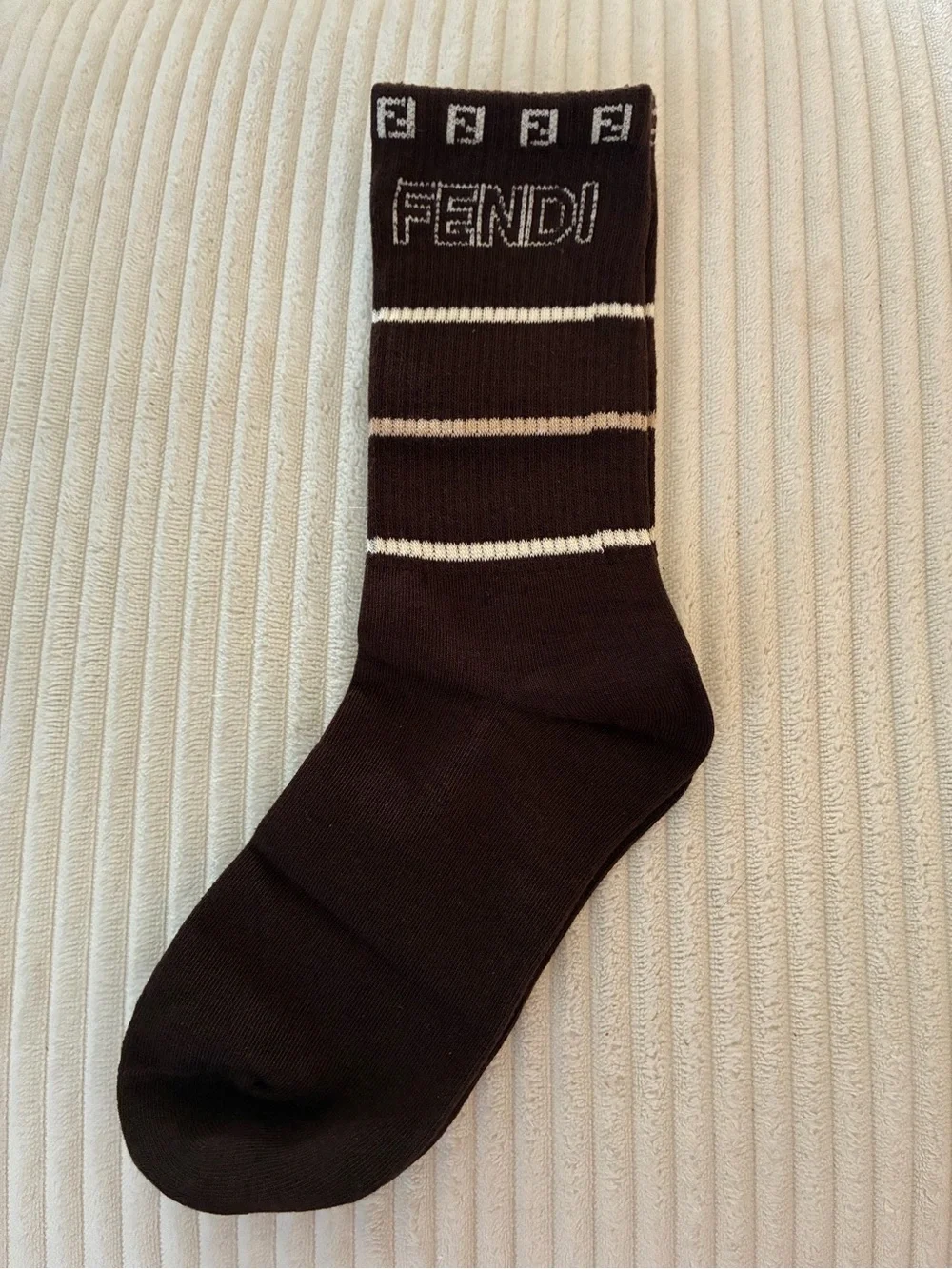 Fendi Brown Crew Socks with Logo and Tan Stripes
